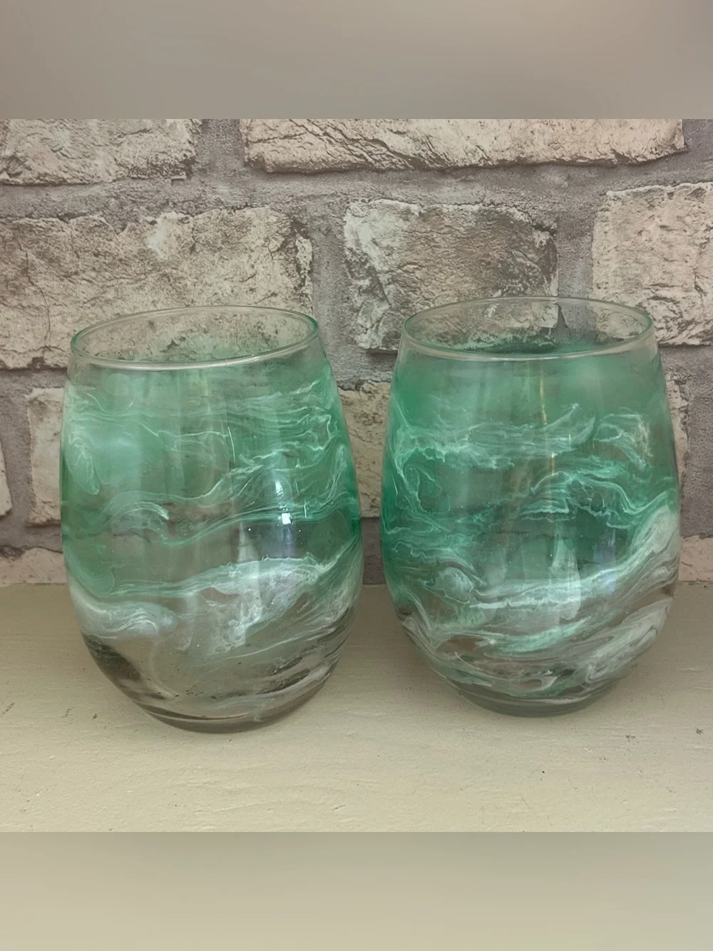 Set of 2 Green Marble Swirl Stemless Wine Glasses Tumblers Handmade Art Glass